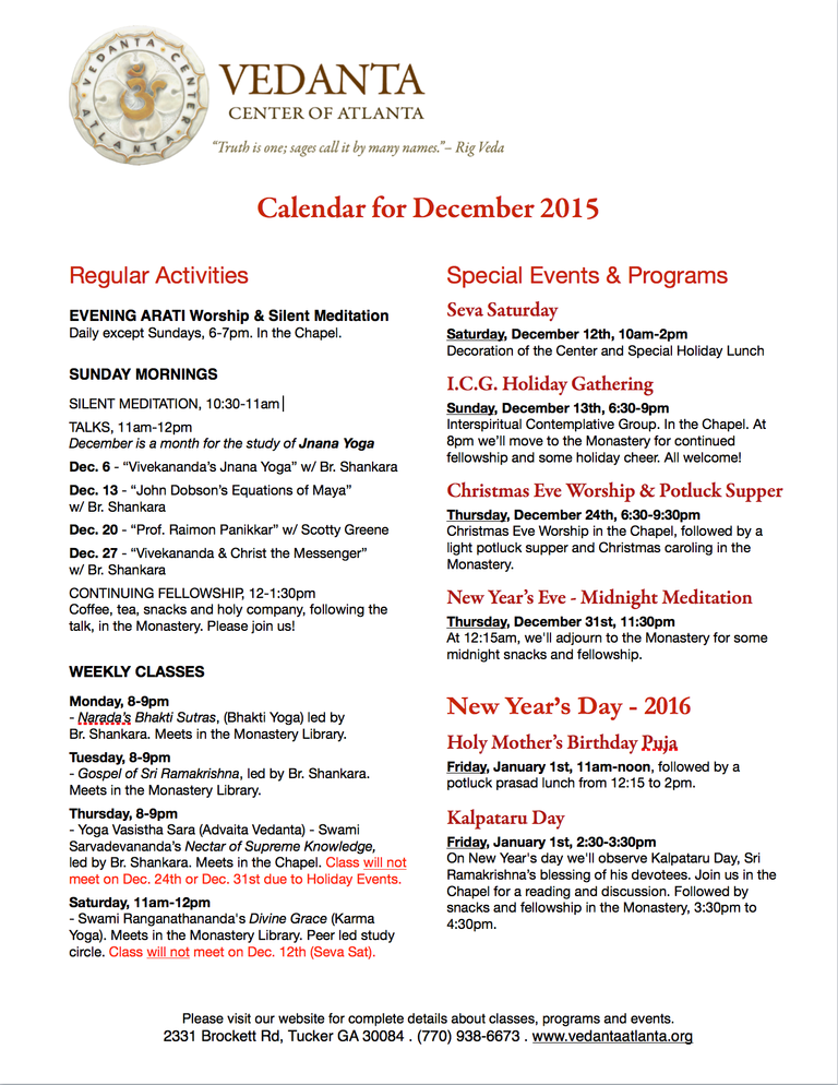 VCA Events & Activities Calendar Dec 2015 (image)